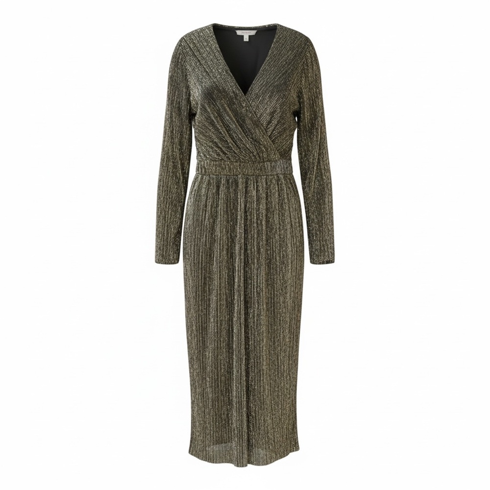 Clasi V-Neck Long Sleeve Asymmetrical Hem Dress Metallic Gold and Silver| SHEIN